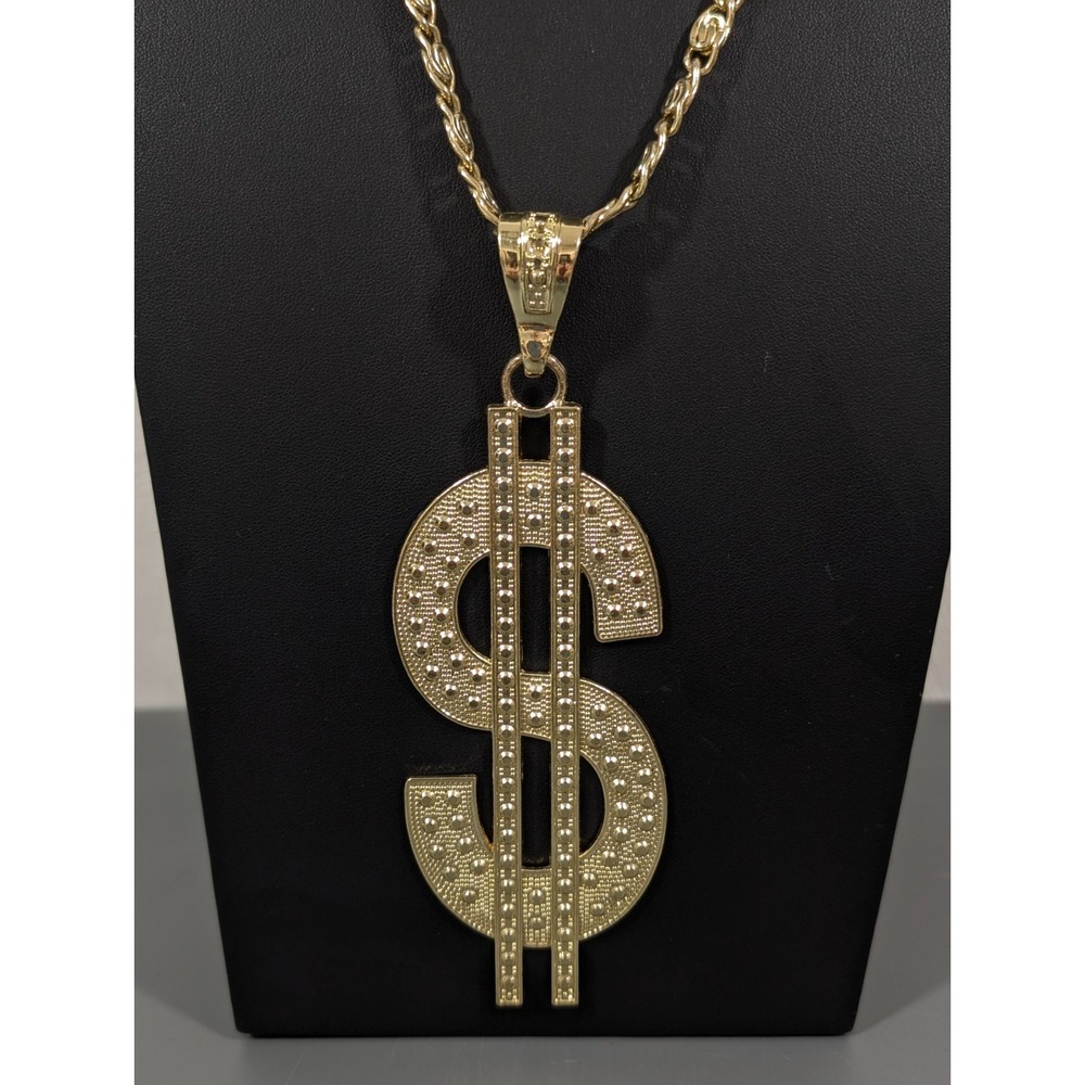 Gold Tone Money Sign Necklace Bold Statement Chain 24 inch Oversized